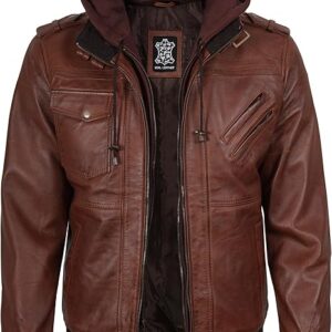 Men’s Leather Bomber Jacket – Motorcycle Style with Detachable Hood | 100% Real Leather - Image 3