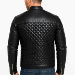 Men’s Black Quilted Genuine Lambskin Leather Biker Jacket – Leather Rush - Image 3