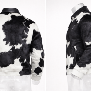 Men’s Cowhide Pattern Bomber Jacket – Black & White | Zip-Up | Ribbed Hem & Cuffs - Image 3