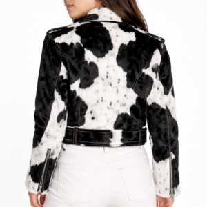 Handmade Cowhide Leather Biker Jacket – Animal Print Cow Skin Moto Coat - Image 4